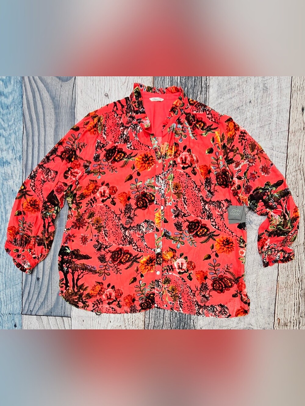 John Mark Red Burnout Velvet Blouse Floral Animal Print Women's Plus Size 3X NWT - Picture 2 of 16